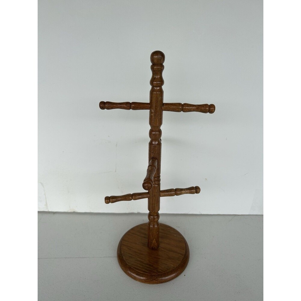 Vintage Wooden Mug Tree Coffee Cup Holder 6 Peg Turned Wood Stand 15”
